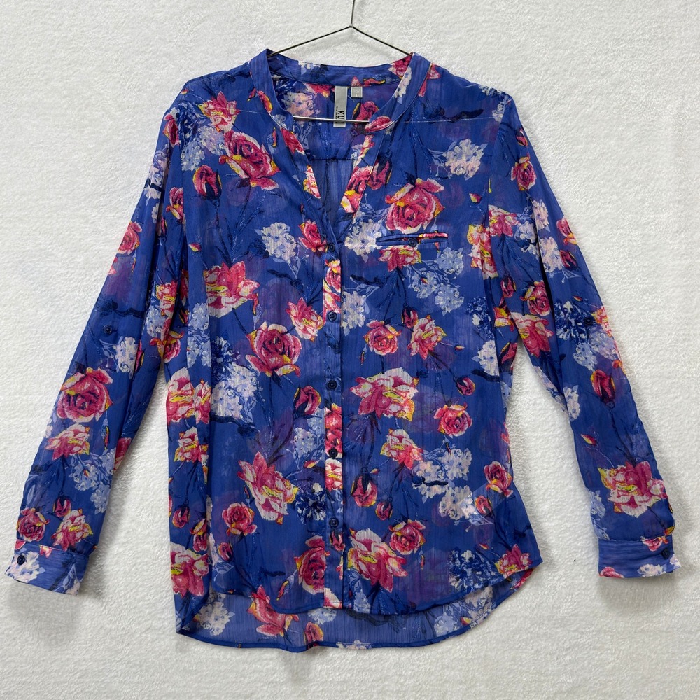 Kut from the Kloth Blouse Women L Blue Floral Sheer Button Up Boho Sheer